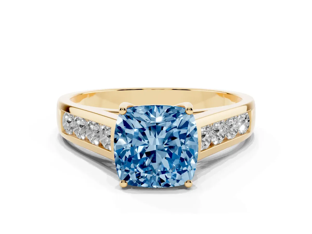 Fancy Blue Cushion Cut Brilliant Channel-Set Solitaire Ring with Four-Prong Setting Yellow gold
