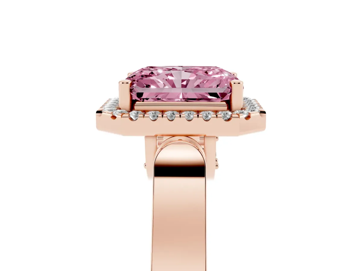 Fancy Pink Radiant Cut Halo Round Diamond Twist Band with Four-Prong Setting Rose gold
