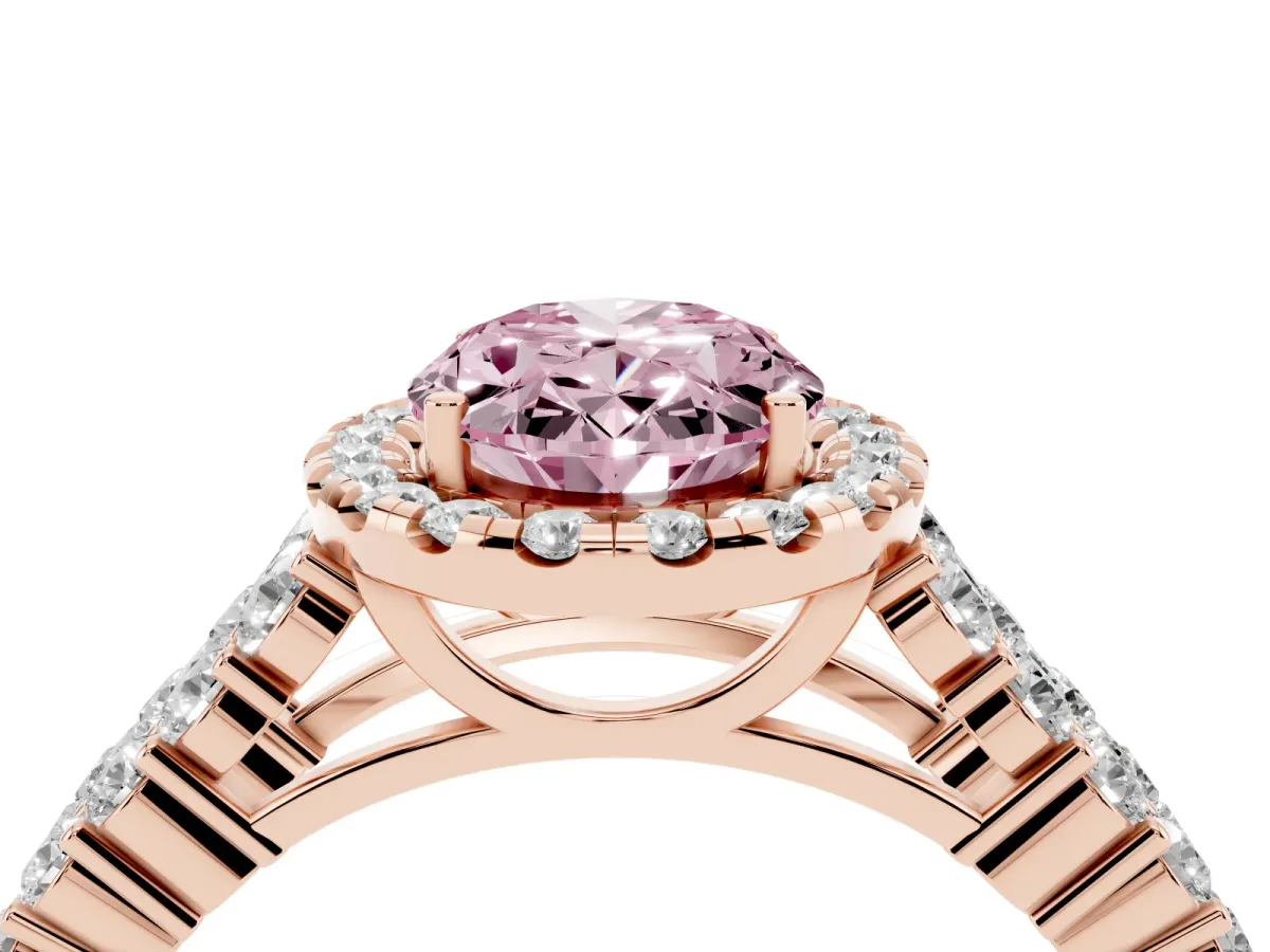 Fancy Pink Oval Cut Diamond Halo Engagement Ring with Triple Row Round Pavé Band and Prong Setting Rose gold