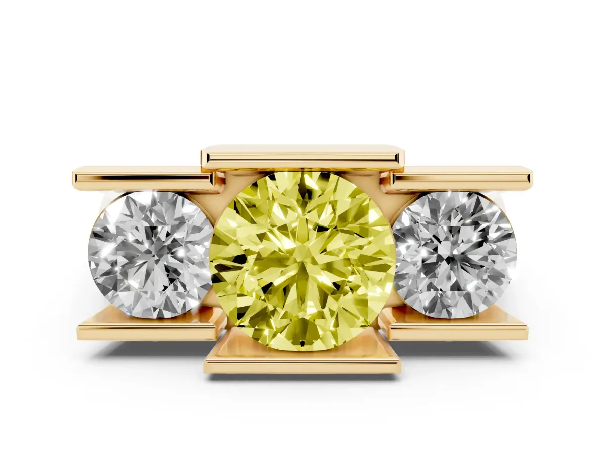 Fancy Yellow Three Stone Round Cut Cut Channel Set Diamond Ring Yellow gold