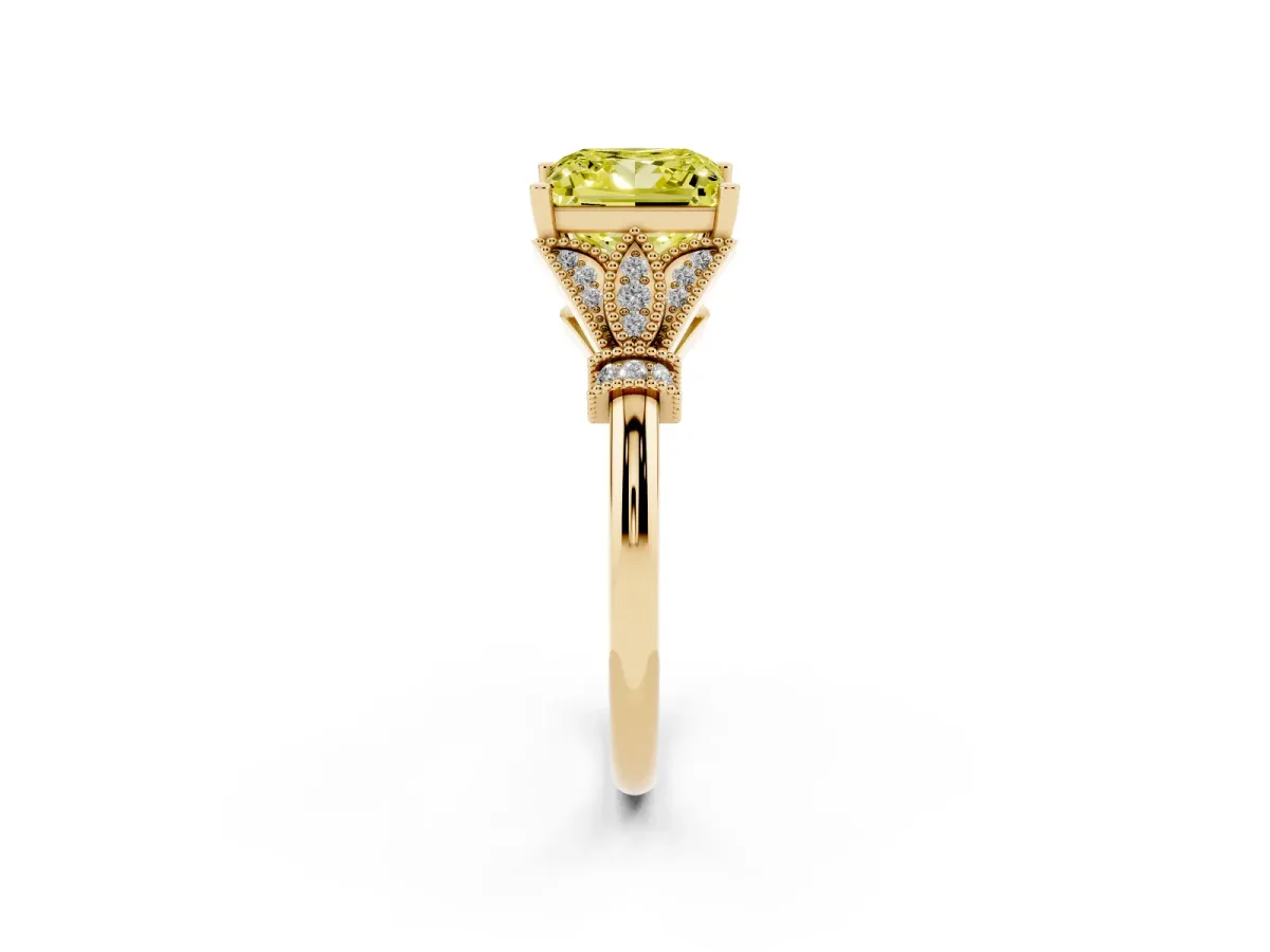Fancy Yellow Princess Cut Diamond Solitaire Ring with Floral Filigree and Pave Accents Yellow gold