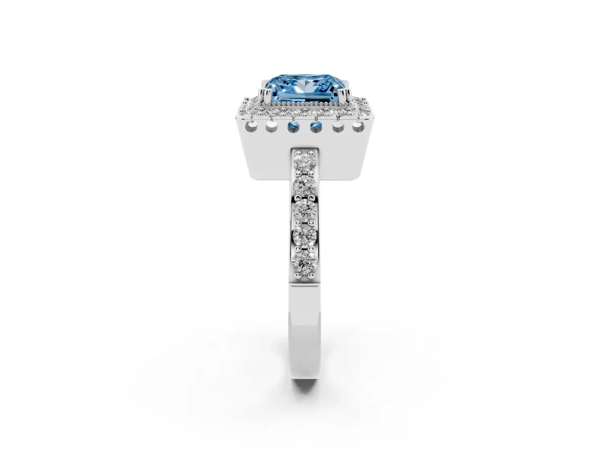 Fancy Blue Princess Cut Diamond Halo Ring with Pavé Band and Prong Setting White gold