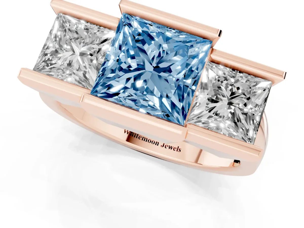 Fancy Blue Three Stone Princess Cut Cut Channel Set Diamond Ring Rose gold