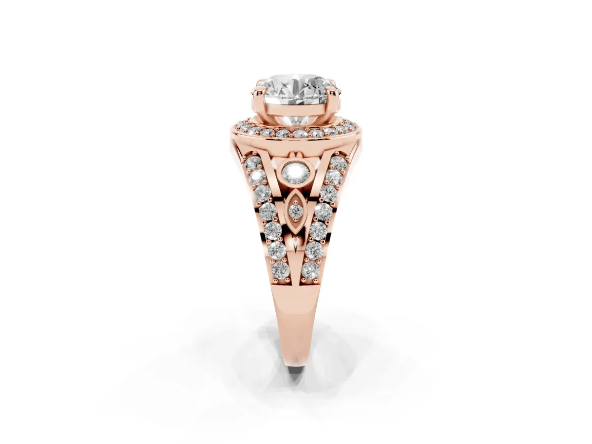 Round Cut Diamond Halo Ring with Split Shank and Bezel Accents and Four-Prong Setting Rose gold