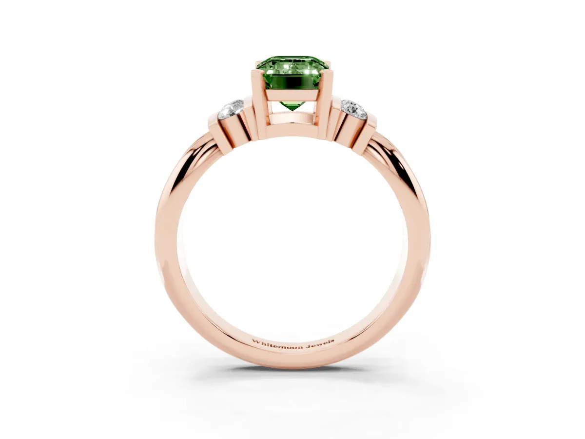 Fancy Green Emerald Cut Cut Three-Stone Channel Set Ring with Bar Prongs Rose gold