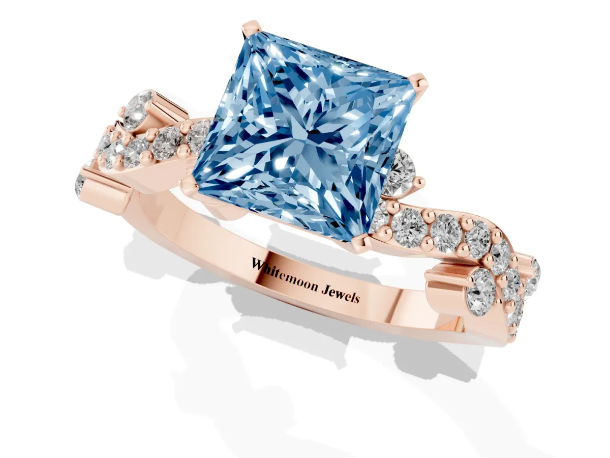 Fancy Blue Princess Cut Cut Solitaire Diamond Twisted Band with Pave Setting Rose gold