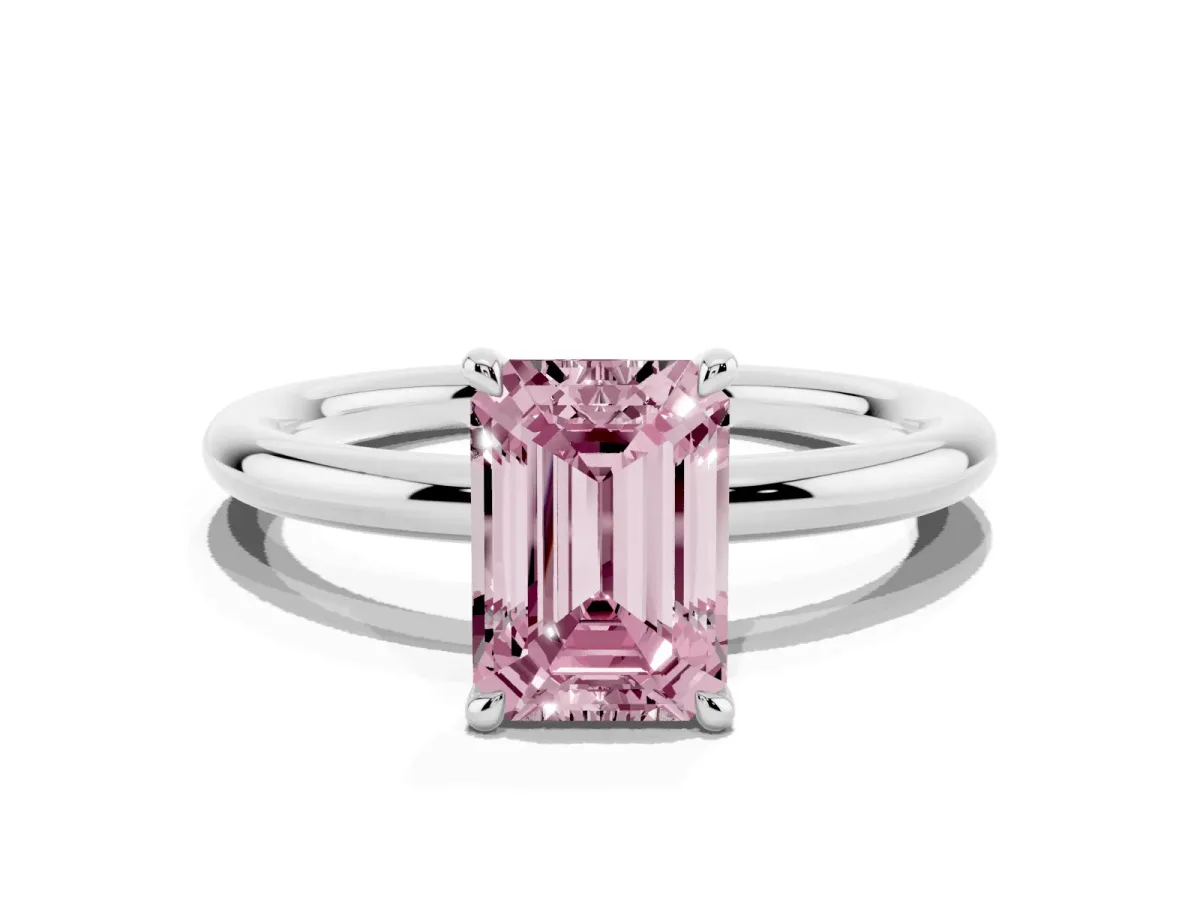 Fancy Pink Emerald Cut Diamond Solitaire Ring with Thin Band and Four-Prong Setting Platinum