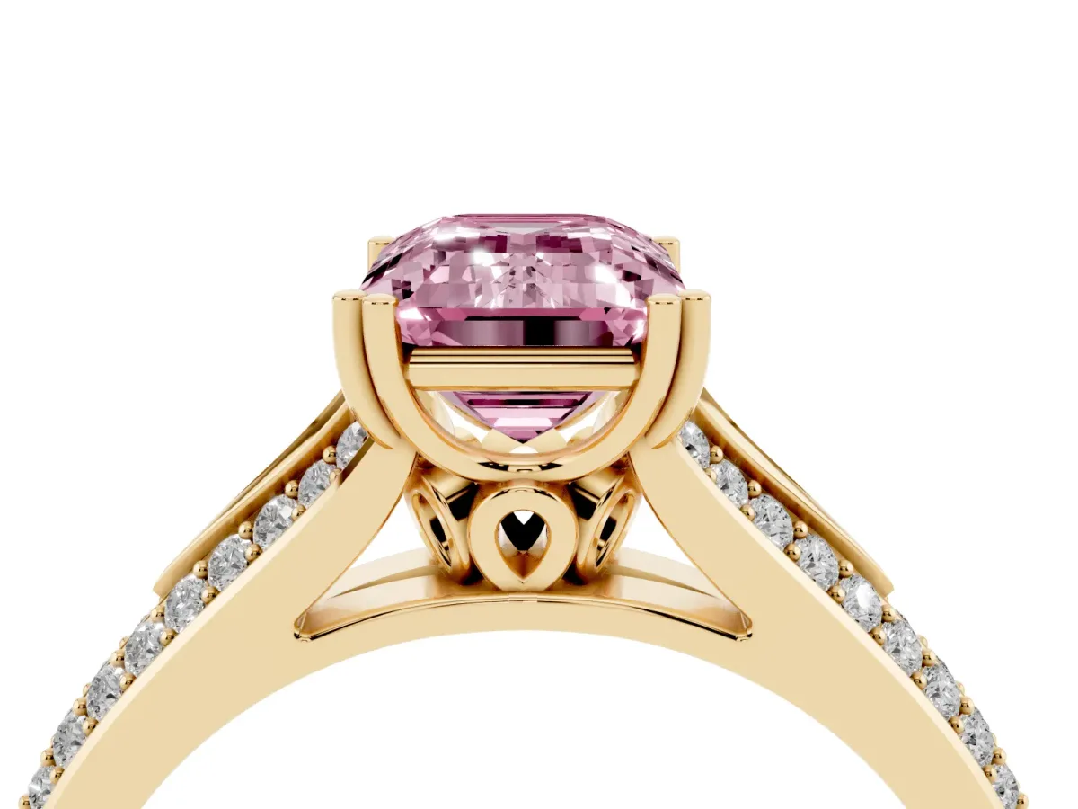 Fancy Pink Emerald Cut Diamond Split Shank Engagement Ring with Pavé Band Yellow gold
