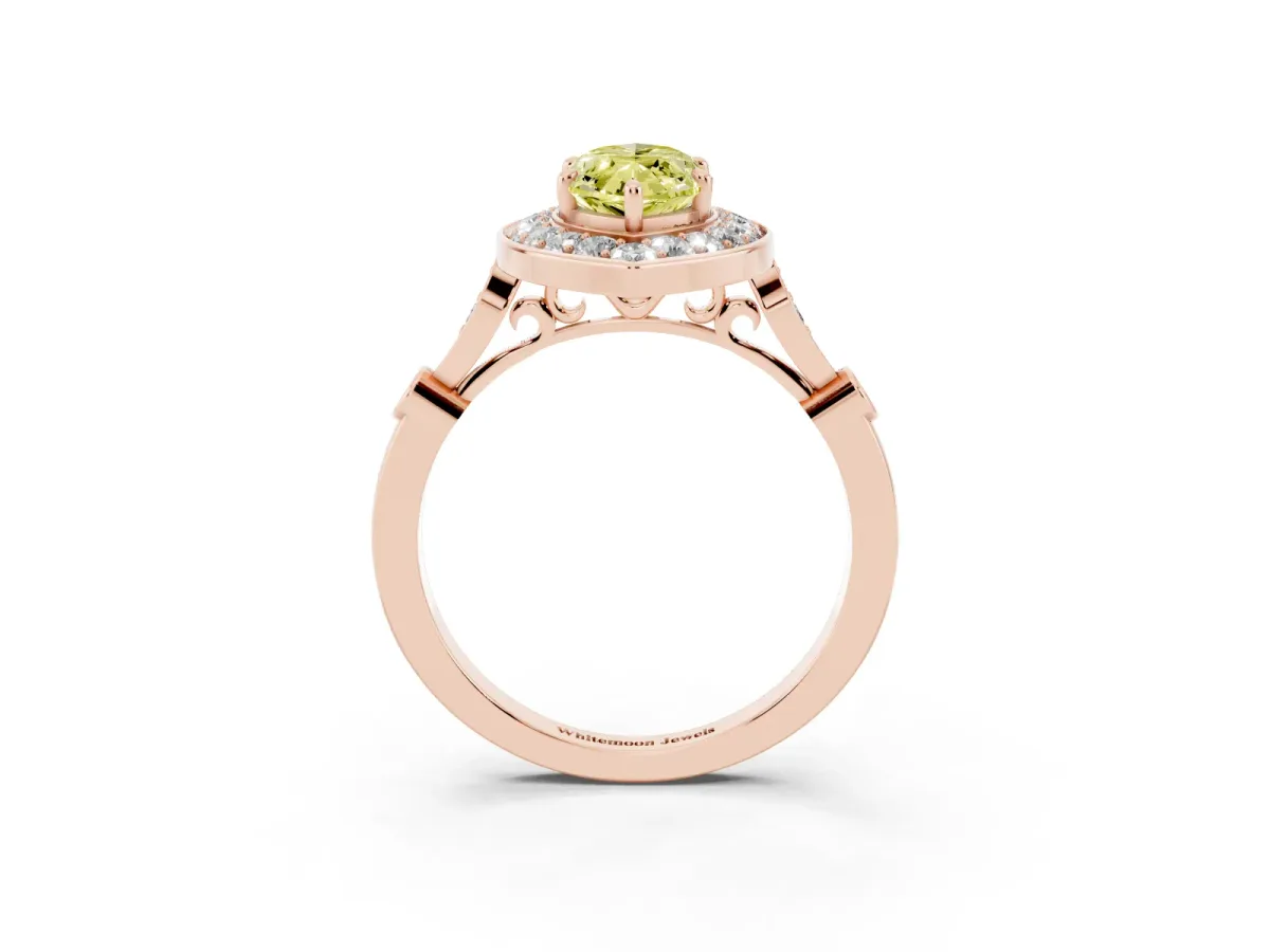 Fancy Yellow Marquise Cut Halo Diamond Engagement Ring with Twisted Band and Four-Prong Setting Rose gold