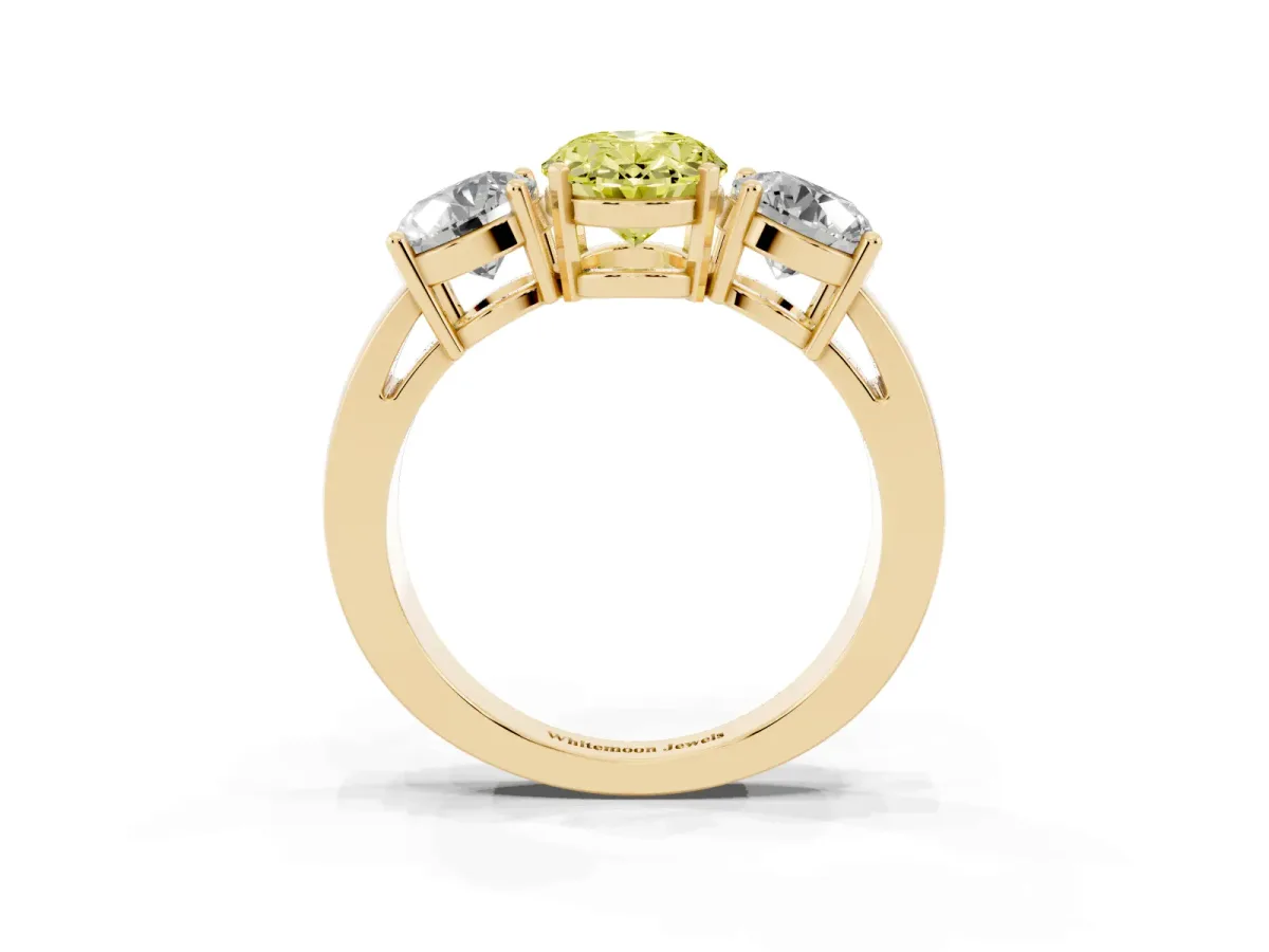 Fancy Yellow Three-Stone Oval Cut Diamond Ring with Round Side Stones, Classic Band, and Four-Prong Setting Yellow gold