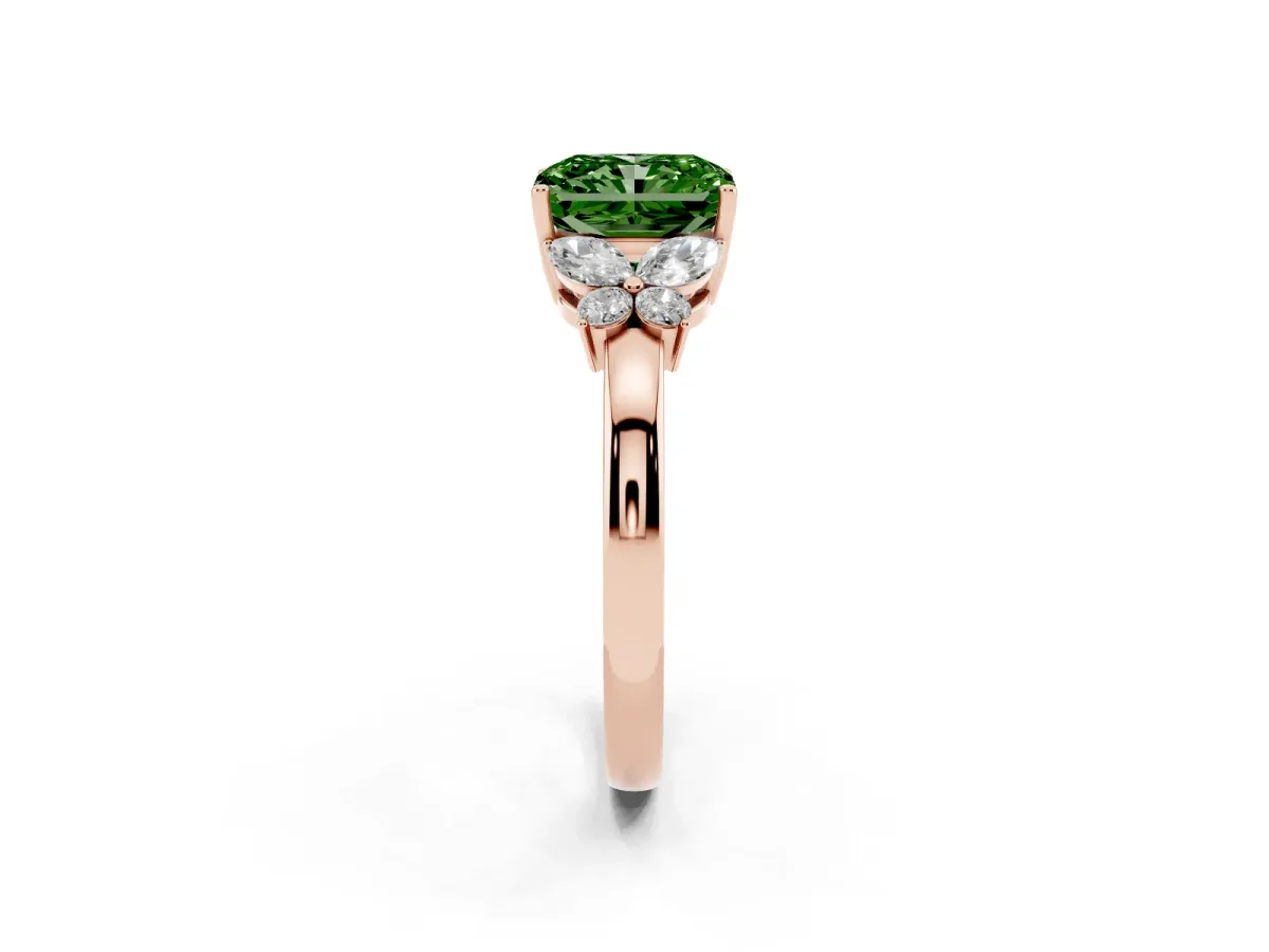 Fancy Green Radiant Cut Cut Solitaire Floral Diamond Ring with Four-Prong Setting Rose gold