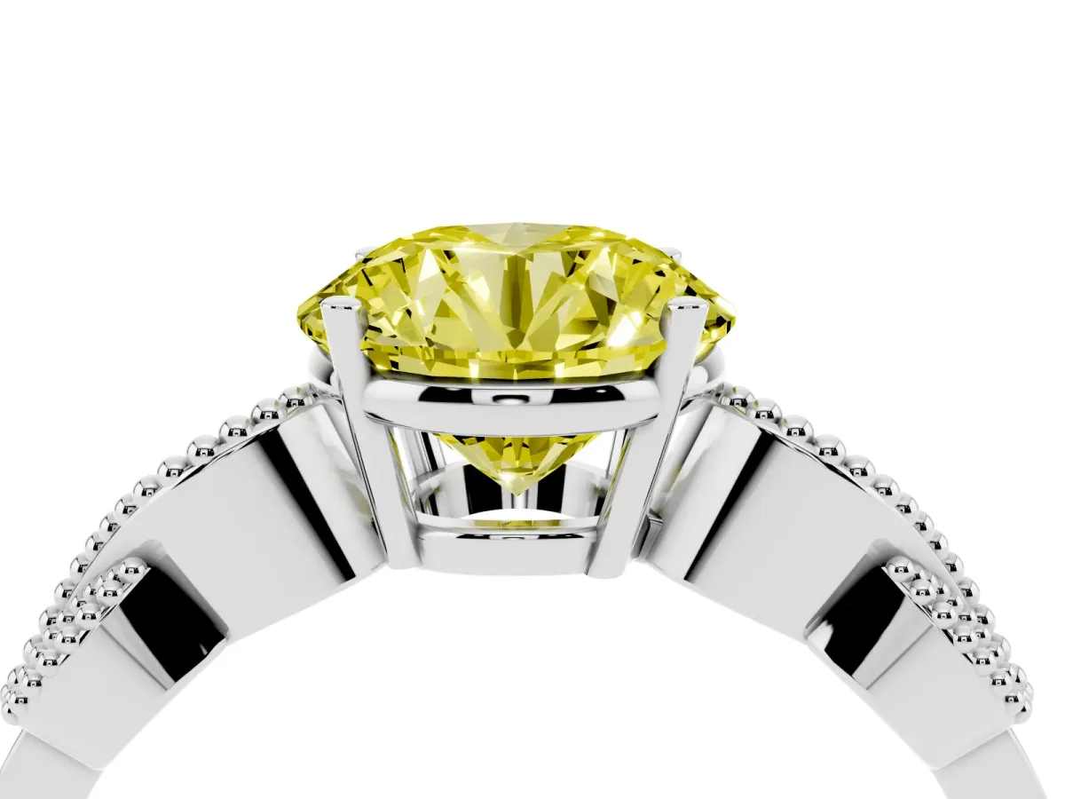 Fancy Yellow Round Cut Solitaire Milgrain Leaf Band with Prong Setting White gold