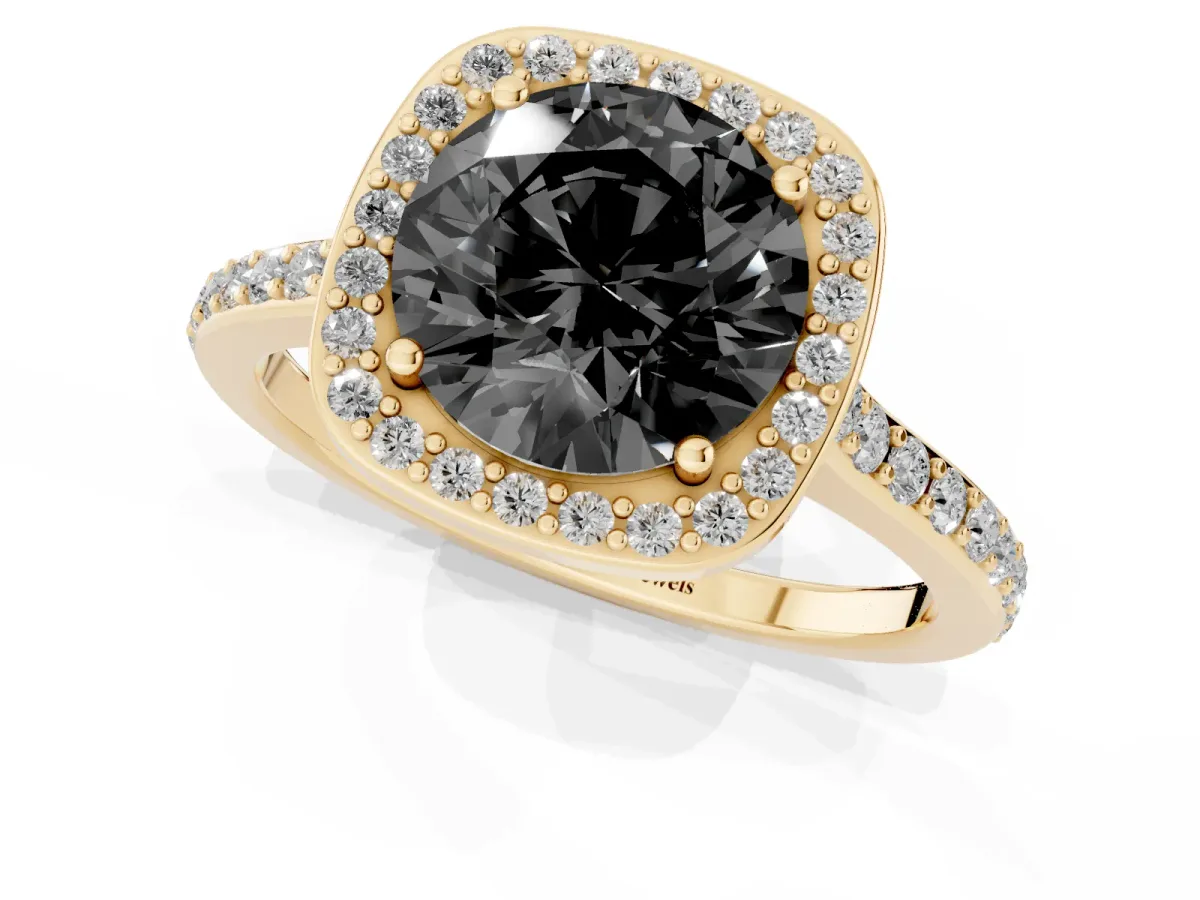 Fancy Black Round Cut Diamond Halo Engagement Ring with Round Pavé Shoulders and Prong Setting Yellow gold