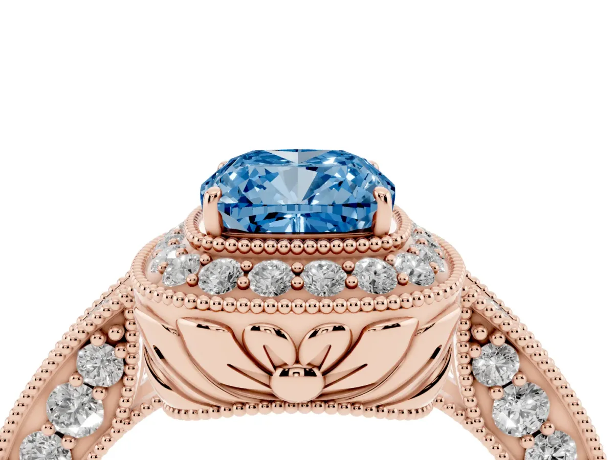 Fancy Blue Cushion Cut Halo Diamond Split Shank Ring with Milgrain Detail Rose gold