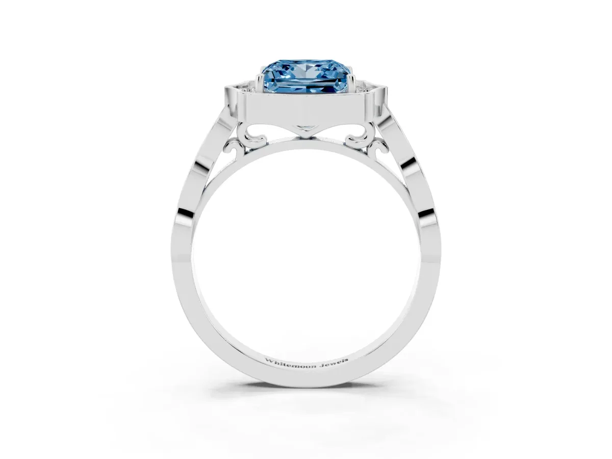 Fancy Blue Princess Cut Halo Diamond Engagement Ring with Milgrain Band and Four-Prong Setting Platinum