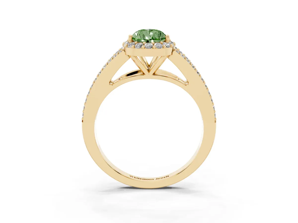Fancy Green Pear Cut Halo Split Shank Diamond Ring with Prong Setting Yellow gold