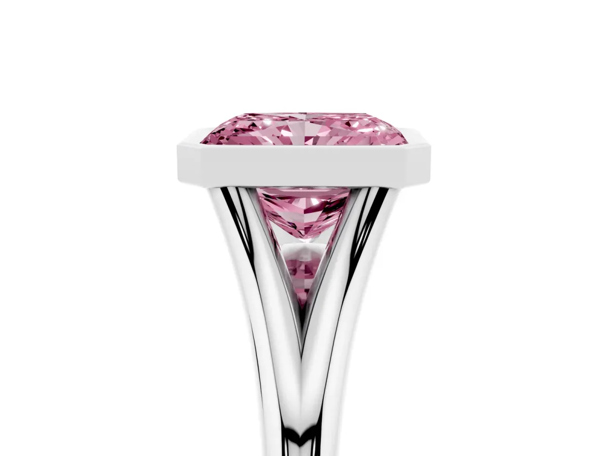 Fancy Pink Bezel Set Radiant Cut Cut Solitaire Ring with Tapered Band Silver
