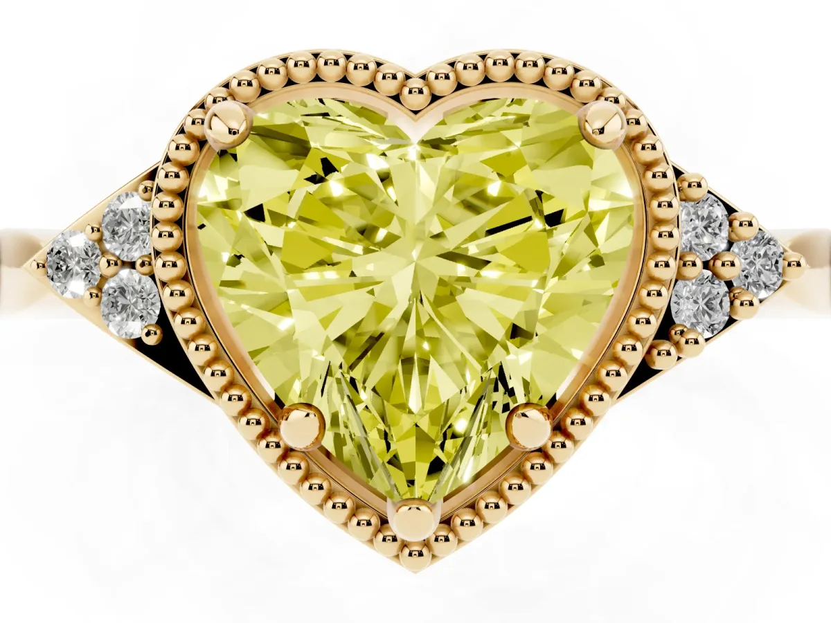 Fancy Yellow Hexagonal Halo Heart Cut Diamond Solitaire with Pavé Band and Four-Prong Setting Yellow gold