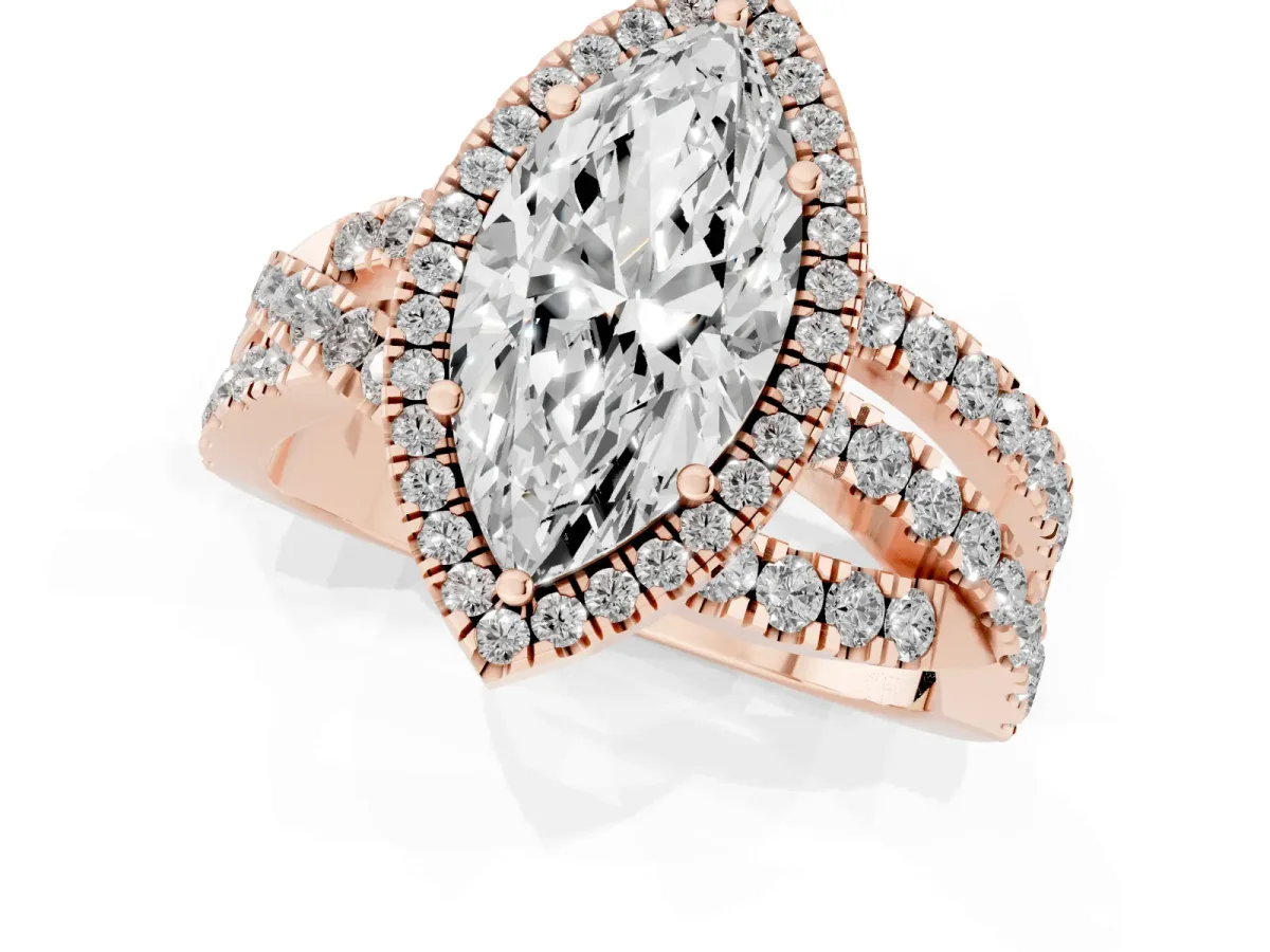 Marquise Cut Diamond Halo Ring with Round Split Shank and Prong Setting Rose gold