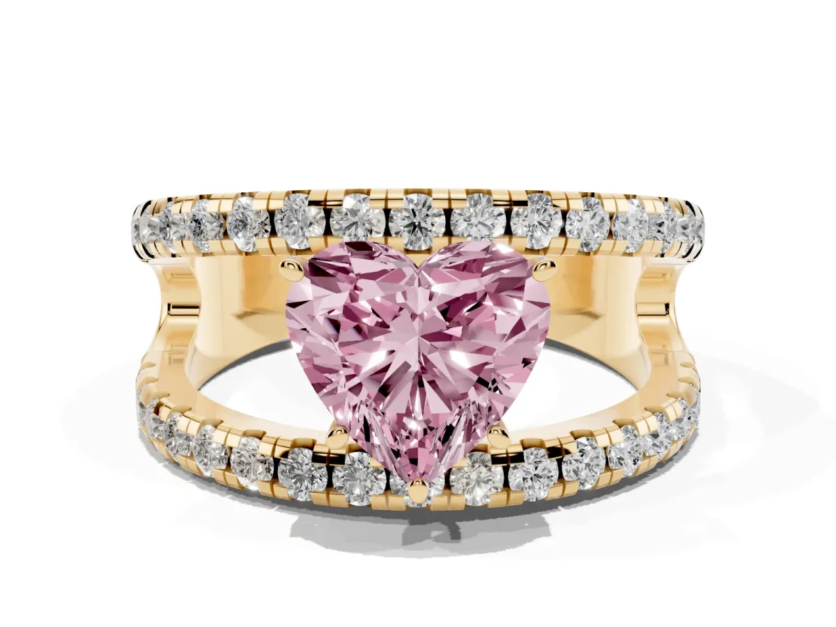 Fancy Pink Heart Cut Solitaire Split Shank Pave Diamond Ring Yellow gold