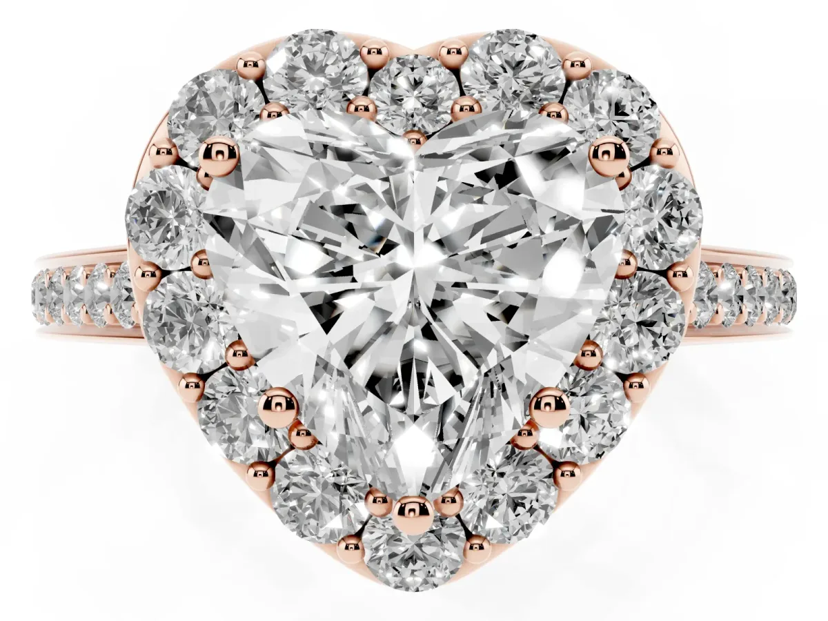 Heart Cut Diamond Floral Halo Ring with Pavé Band and Prong Setting Rose gold