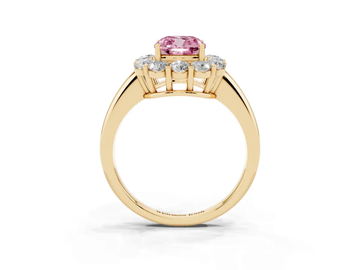 Fancy Pink Cushion Cut Halo Cluster Diamond Engagement Ring with Prong Setting and Polished Band Yellow gold
