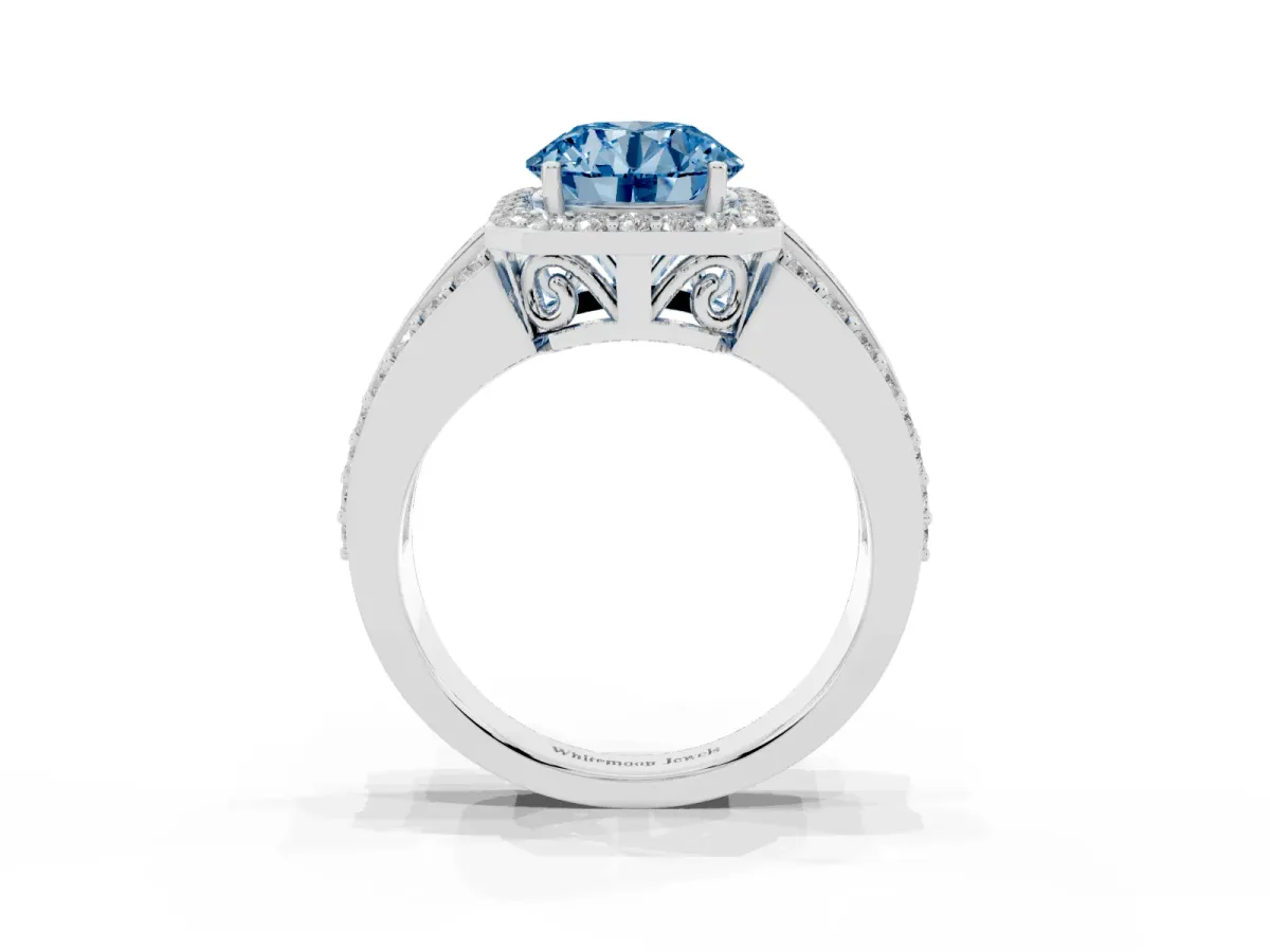 Fancy Blue Round Cut Halo Diamond Ring with Round Split Shank and Prong Setting Platinum