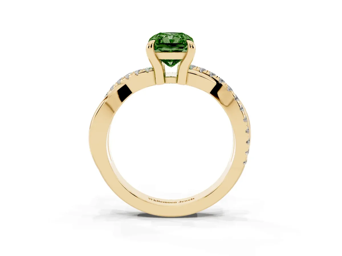Fancy Green Radiant Cut Cut Diamond Twist Band Solitaire with Prong Setting Yellow gold