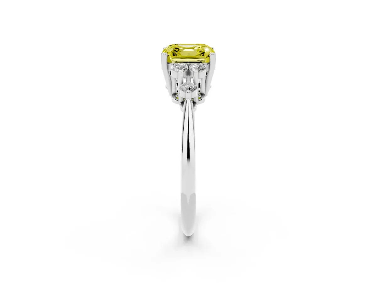 Fancy Yellow Asscher Cut Cut Diamond Cluster Ring with Solitaire Band and Four-Prong Setting Silver