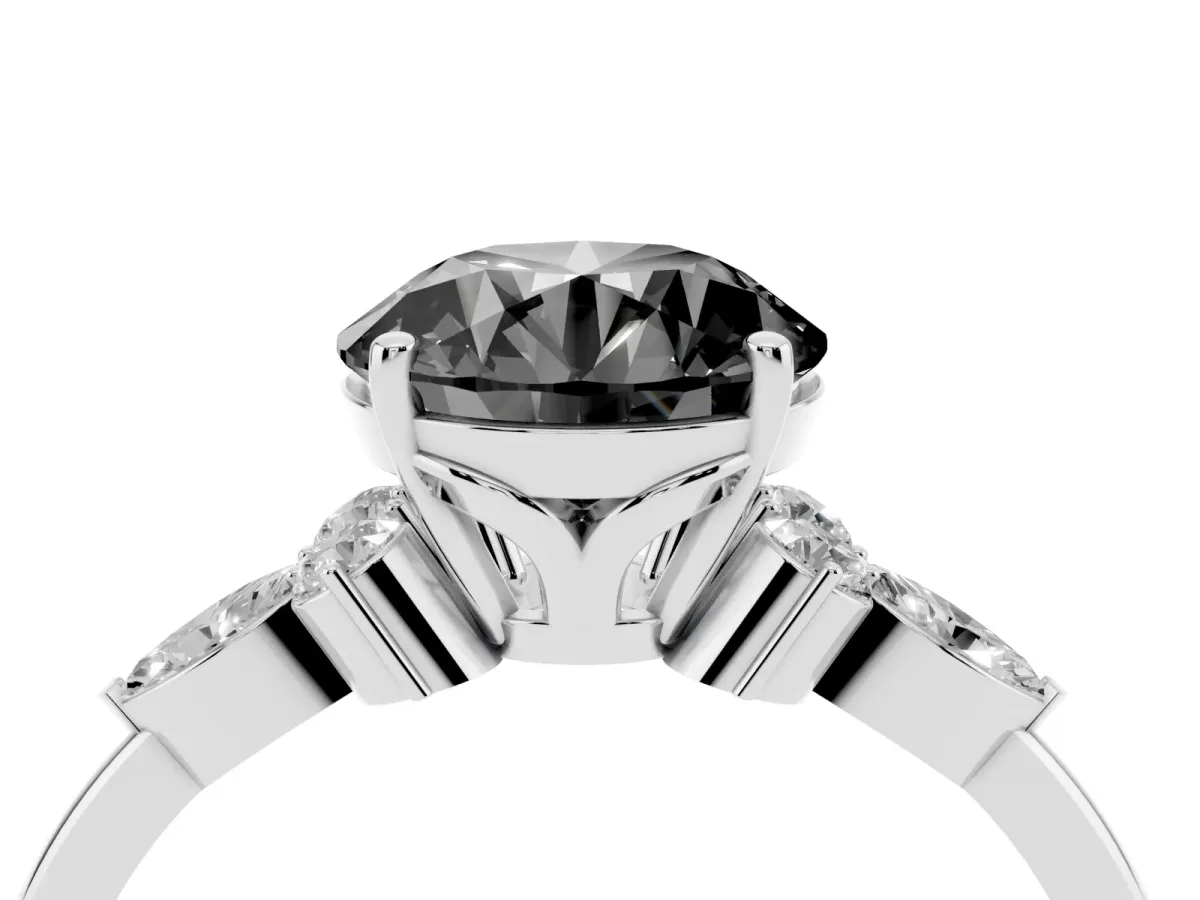 Fancy Black Round Cut Brilliant Diamond Solitaire Ring with Pear Side Stones and Four-Prong Setting Platinum