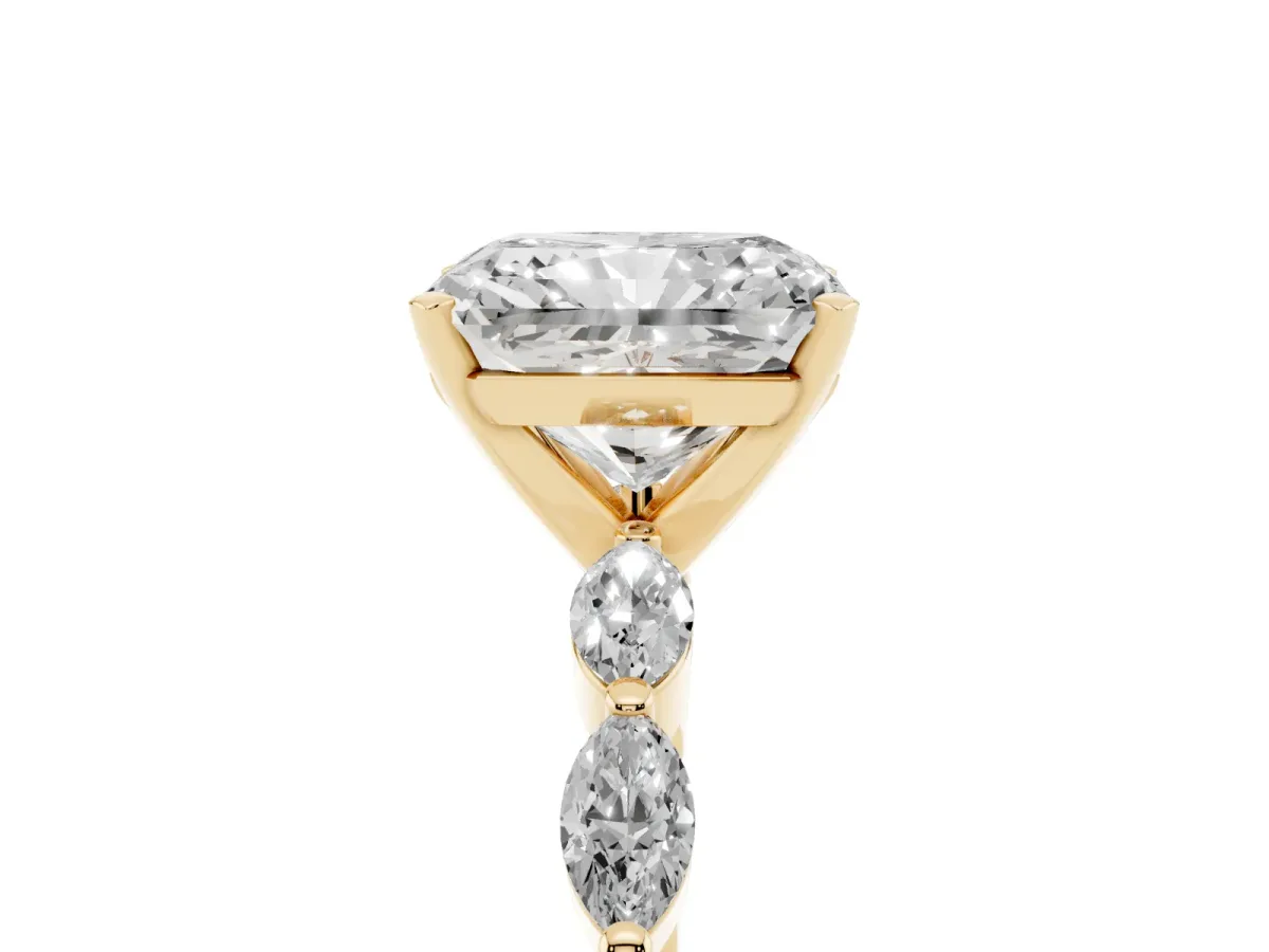 Radiant Cut Diamond Ring with Marquise Side Stones and Prong Setting Yellow gold