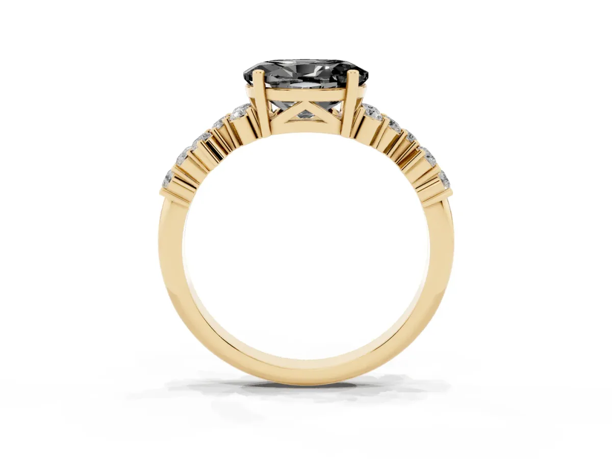 Fancy Black Oval Cut Diamond Scattered Round Accent Ring with Prong Setting Yellow gold