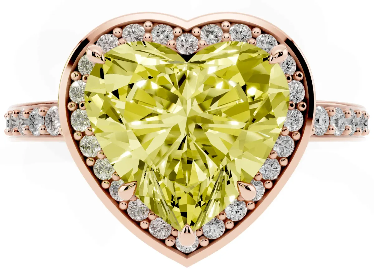 Fancy Yellow Heart Cut Halo Pave Band Solitaire Ring with Prong Setting Rose gold