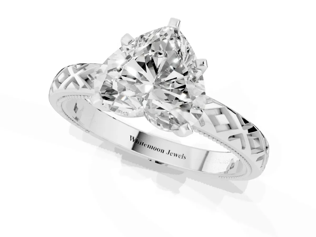 Heart Cut Solitaire Diamond Ring with Milgrain and Black Enamel X Pattern Band Silver