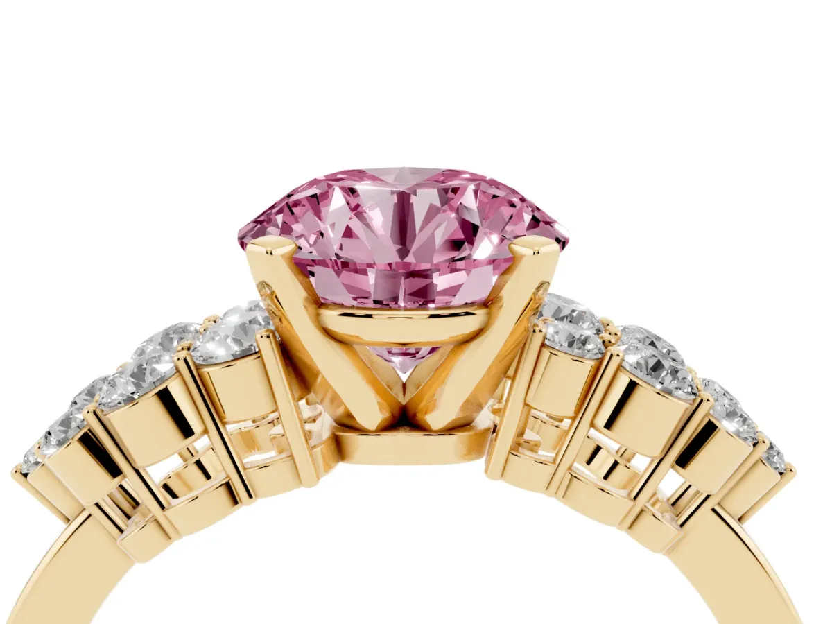 Fancy Pink Round Cut Cluster Diamond Engagement Ring with Pavé Band and Four-Prong Setting Yellow gold