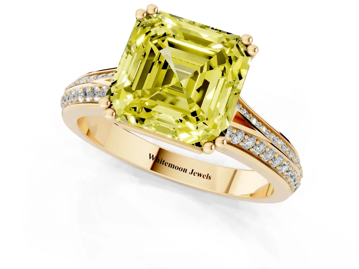 Fancy Yellow Asscher Cut Diamond Split Shank Engagement Ring with Pavé Band Yellow gold