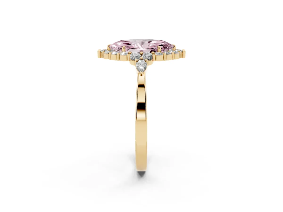 Fancy Pink Marquise Cut Diamond Halo Ring with Pear Side Stones and Prong Setting Yellow gold