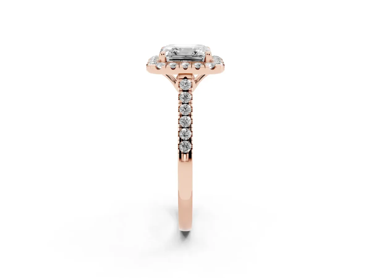 Asscher Cut Halo Pavé Diamond Engagement Ring with Four-Prong Setting Rose gold