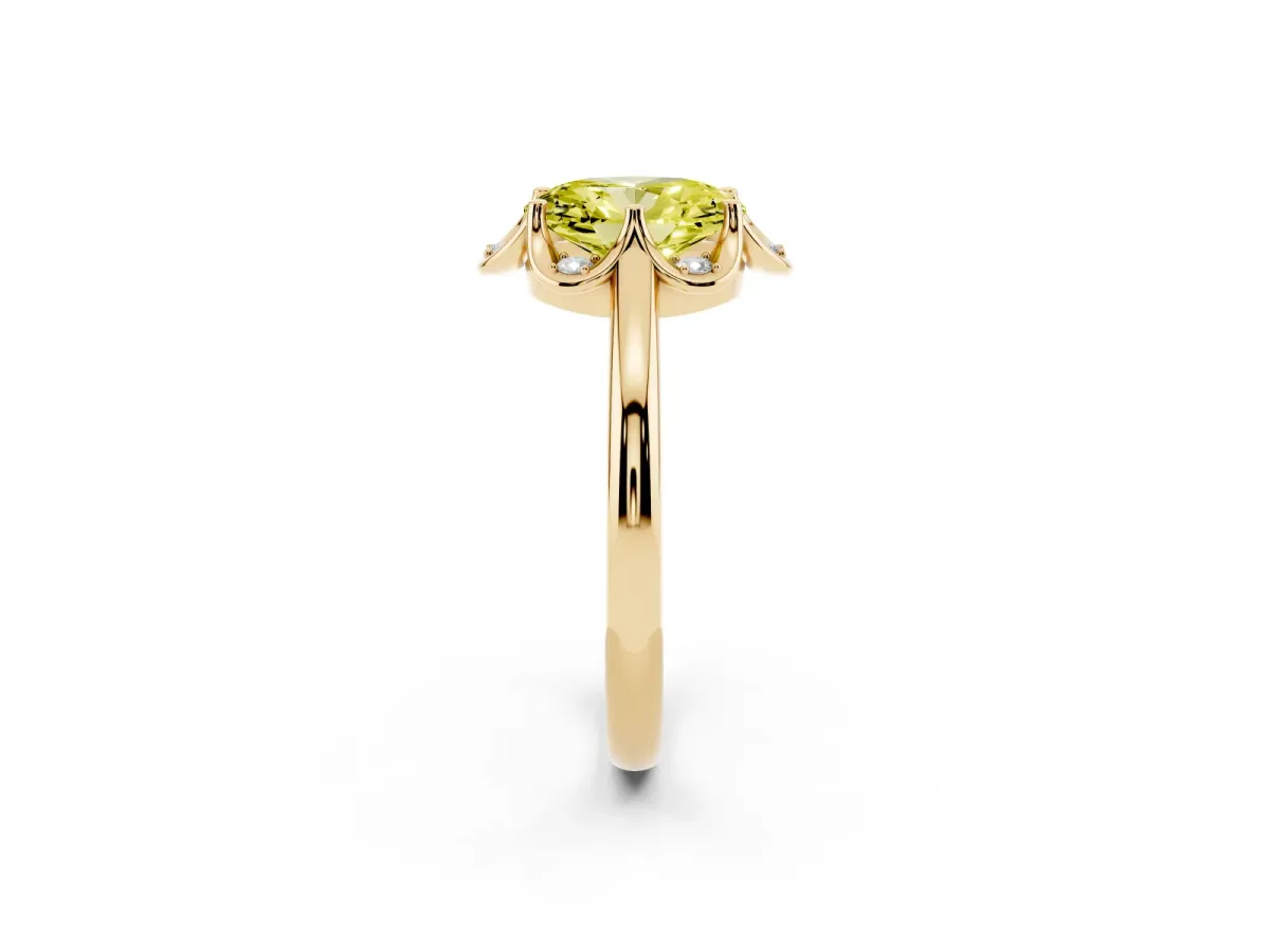 Fancy Yellow Oval Cut Halo Diamond Ring with Round Cluster Setting, Solitaire Band, and Four-Prong Setting Yellow gold