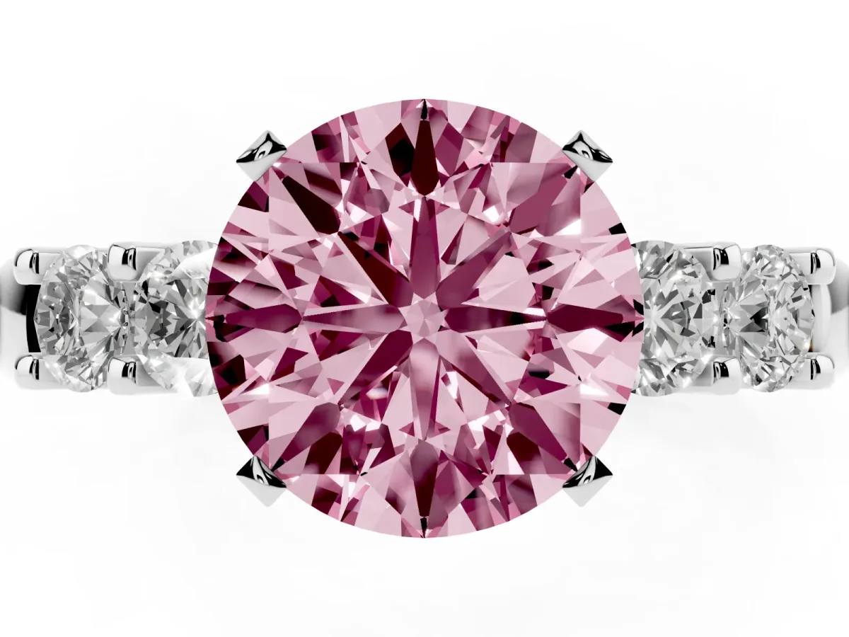 Fancy Pink Round Cut Brilliant Cut Diamond Five-Stone Prong Set Engagement Ring with Channel Band Platinum