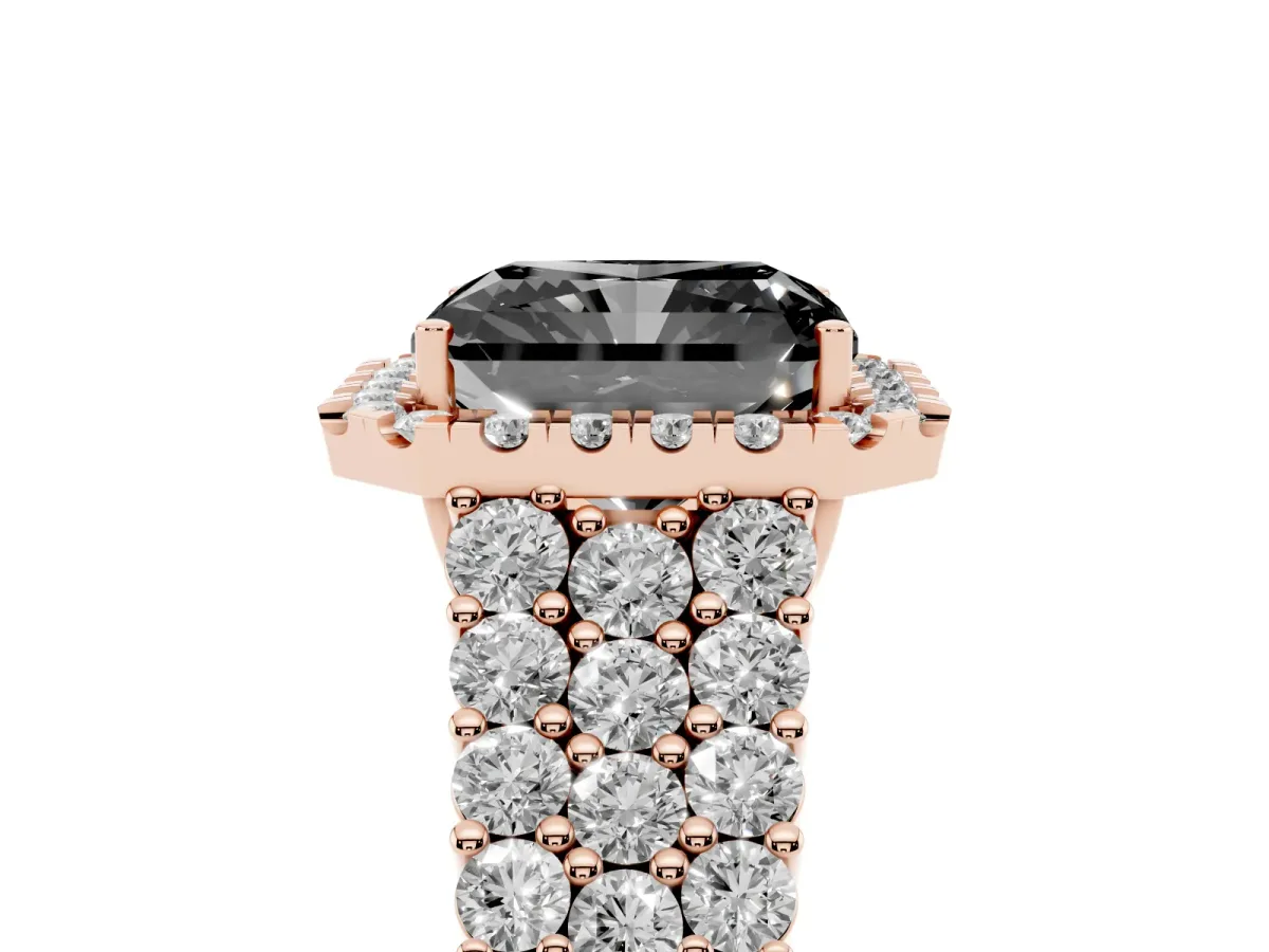 Fancy Black Radiant Cut Diamond Halo Engagement Ring with Triple Row Round Pavé Band and Prong Setting Rose gold