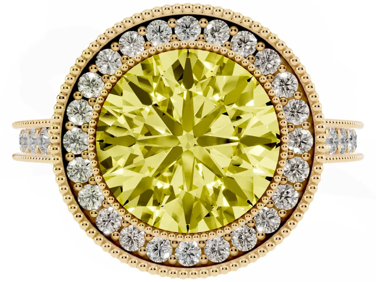 Fancy Yellow Halo Round Cut-Cut Diamond Pave Band Milgrain Prong Setting Ring Yellow gold