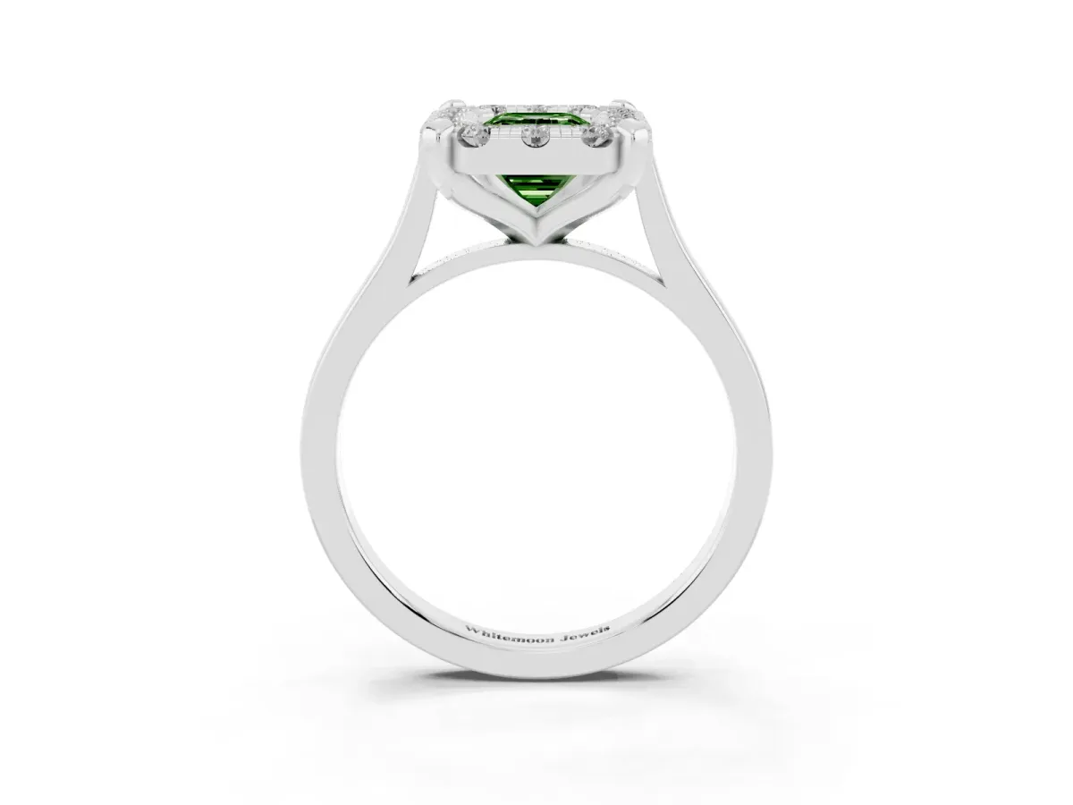 Fancy Green Emerald Cut Diamond Cluster Halo Solitaire with Four-Prong Setting Platinum