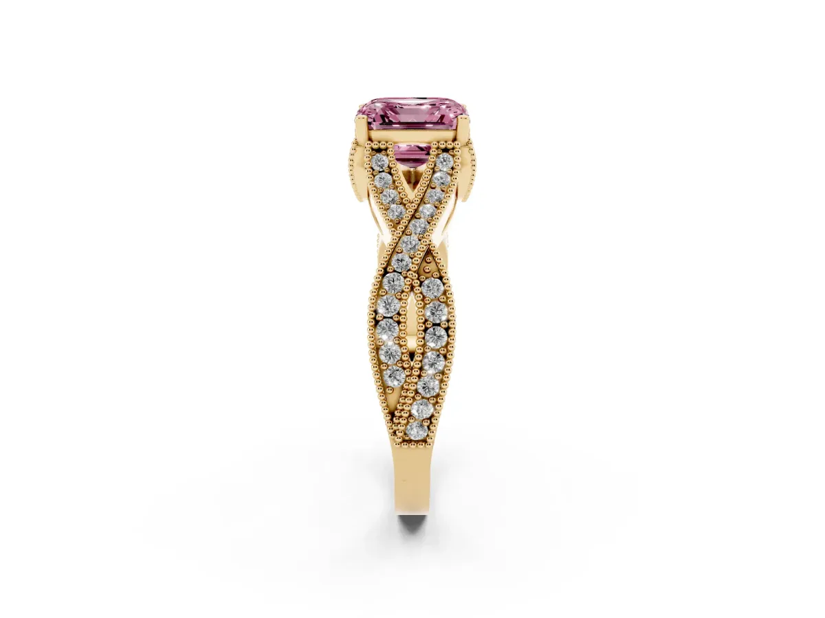 Fancy Pink Asscher Cut Cut Diamond Twisted Band with Milgrain Pave Setting and Four-Prong Setting Yellow gold