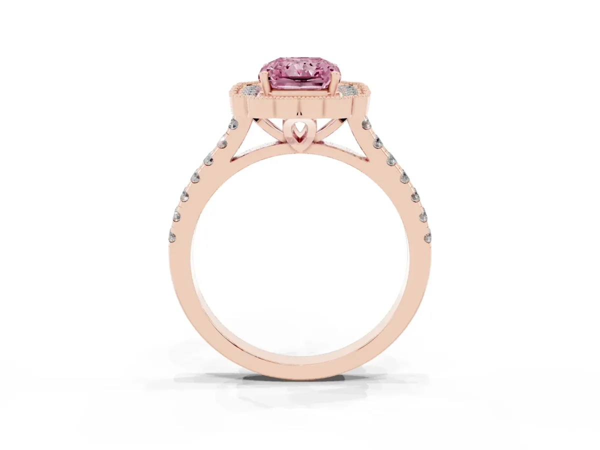 Fancy Pink Radiant Cut Cut Diamond Milgrain Floral Halo Engagement Ring with Pavé Band Rose gold