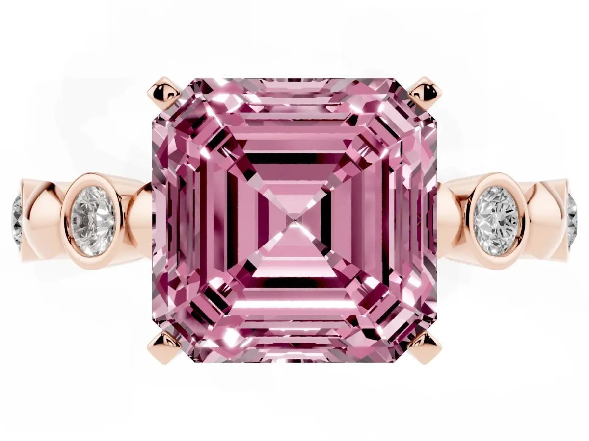 Fancy Pink Asscher Cut Solitaire Bezel-Set Diamond Ring with Beaded Band and Four-Prong Setting Rose gold