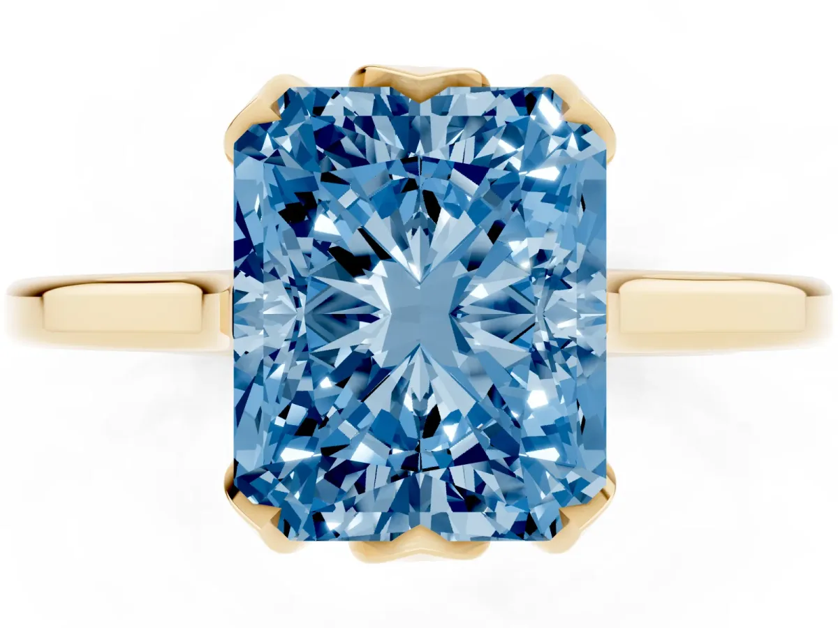 Fancy Blue Radiant Cut Diamond Solitaire Ring with Flower Prong Setting and Classic Band Yellow gold
