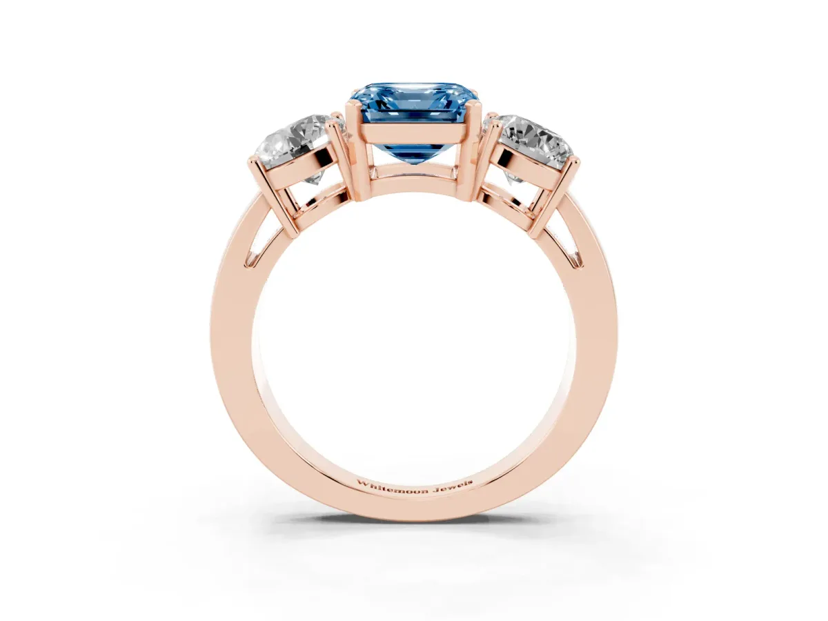 Fancy Blue Three-Stone Asscher Cut Diamond Ring with Round Side Stones, Classic Band, and Four-Prong Setting Rose gold