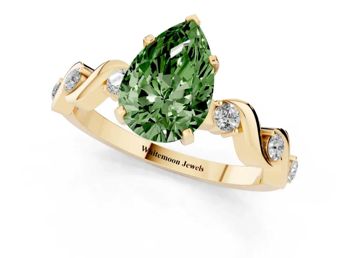 Fancy Green Pear Cut Diamond Solitaire Twisted Band with Round Accents and Prong Setting Yellow gold