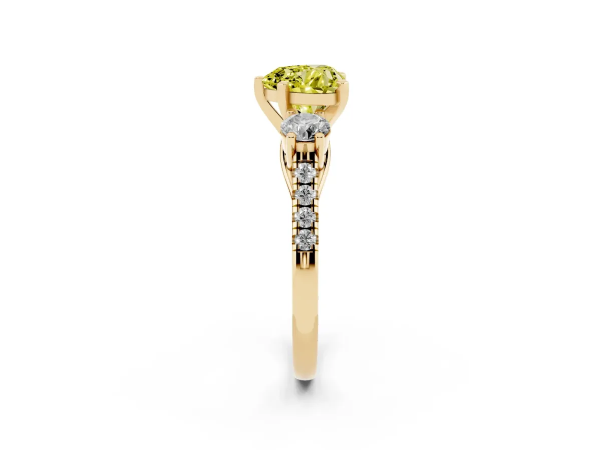 Fancy Yellow Three-Stone Heart Cut Diamond Pavé Band with Four-Prong Setting Yellow gold